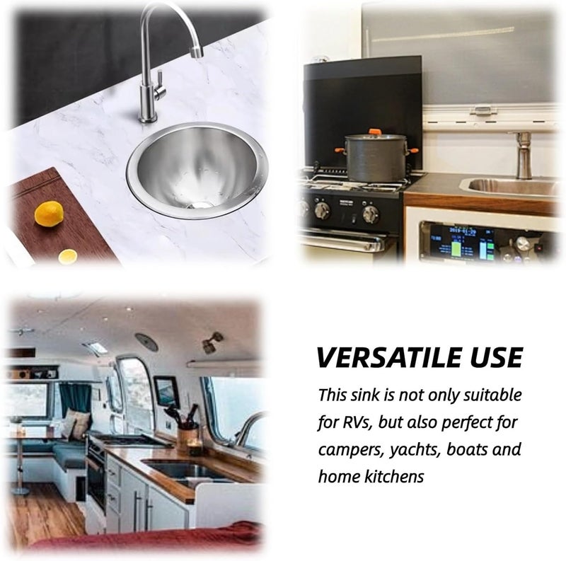 DAUERHAFT Round RV Boat Sink camper van sink 304 Stainless Steel RV Kitchen Sink, 10 inch Single Bowl Sink small rv sink for Space Saving Single Bowl - Image 4